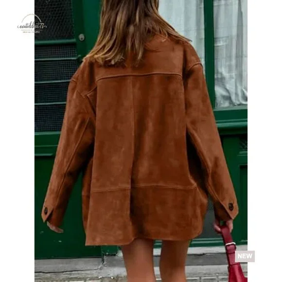 Faux Suede Leather Boyfriend Shacket Midi Long Button Down Casual Coat - Picture 2 of 6